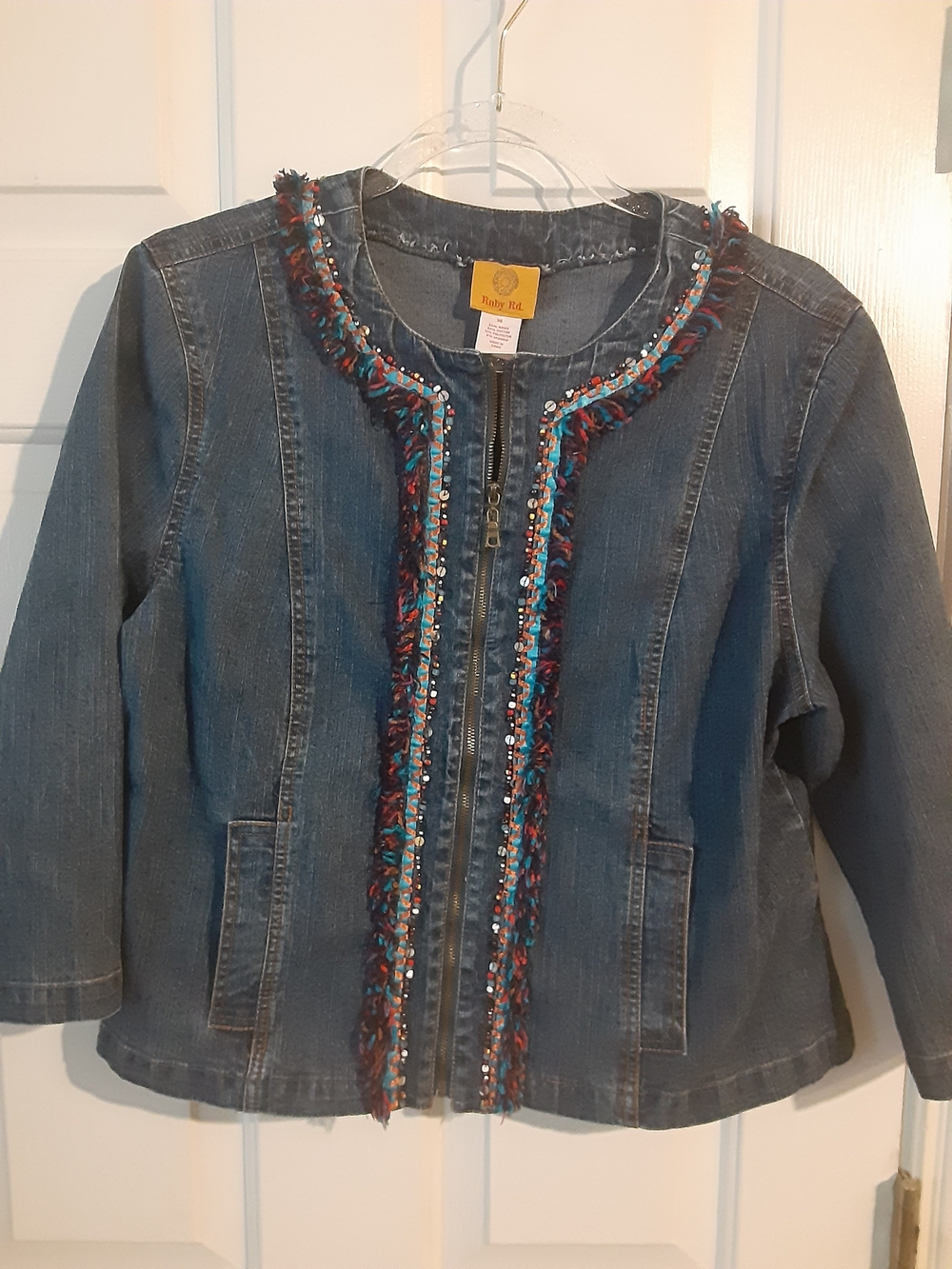 Ruby Rd. Blue Denim Jacket with Multicolor Fringe Trim
